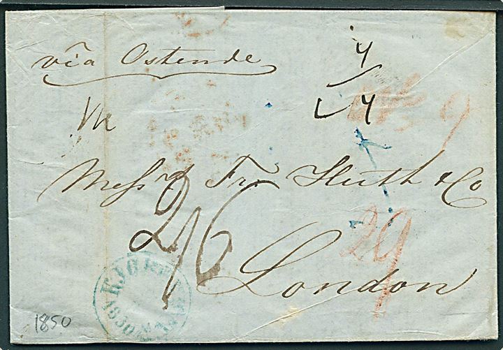 1850. Portobrev med blåligt antiqua Kjøbenhavn d. 28.9.1850 via K.D.O.P.A. Hamburg til London, England. Påskrevet: via Ostende. Mange portopåtegninger.