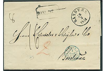 1854. Portobrev med antiqua Randers d. 28.3.1854 via K.D.O.P.A. Hamburg, Hamburg Th.&T. og Paris-Bordeaux til Bordeaux, Frankrig. Rammestempel DANEMARCK. 