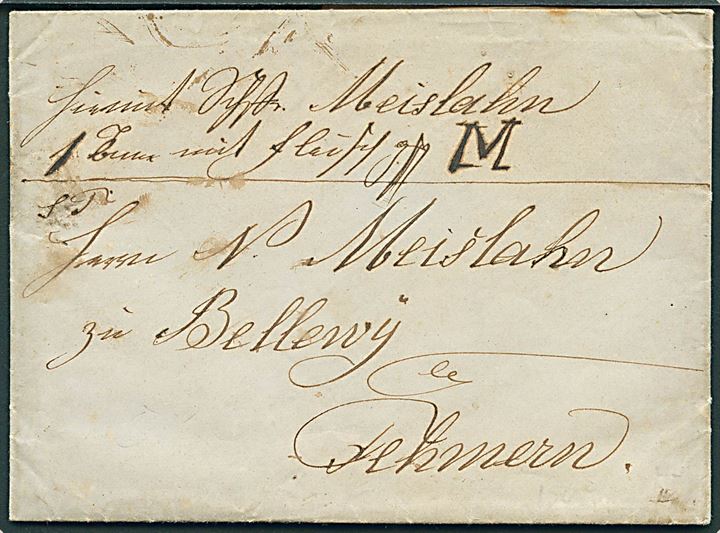1852. Pakkefølgebrev med indhold dateret Flensburg d. 4.12.1852 til Bellevue på Fehmern.