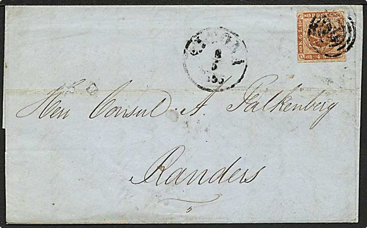 4 sk. 1854 udg. på brev dateret Glasgow d. 2.5.1855, annulleret med nr.stempel 113 og sidestemplet Altona d. 8.5.1855 til Randers. 