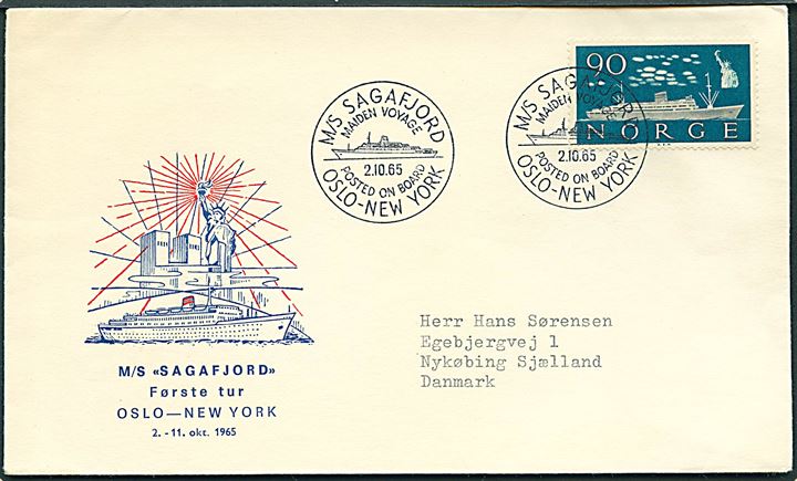 90 øre Sagafjord på illustreret særkuvert annulleret med særstempel M/S Sagafjord Maiden Voyage Posted on Board Oslo - New York d. 2.10.1965 til Nykøbing Sj., Danmark.