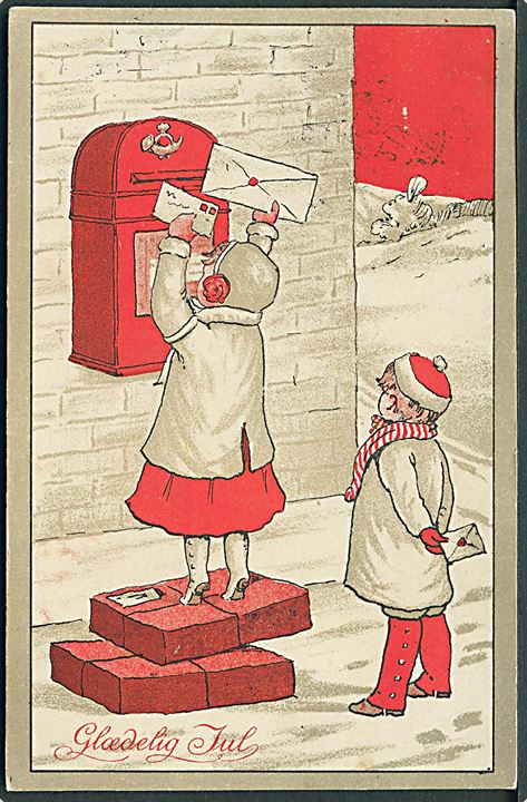 Ukendt Kunstner: Glædelig Jul. Børn putter breve i postkassen. Alex Vincents serie 12, no. 1. 