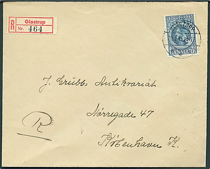 40 øre Chr. X 75 år single på lokalt anbefalet brev fra Glostrup d. 29.9.1945 til København.
