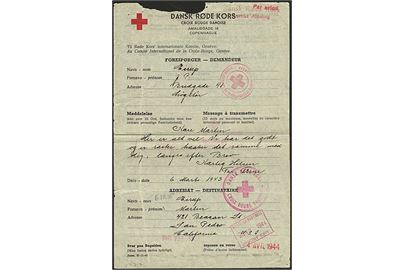 Røde Kors formular fra Løgstør d. 6.3.1943 via Røde Kors i Aarhus, København og Genevé til San Pedro, USA. Returneret i jan. 1946 med meddelelse om at American Red Cross ikke har kunne finde modtageren. (Form. III-13-43).
