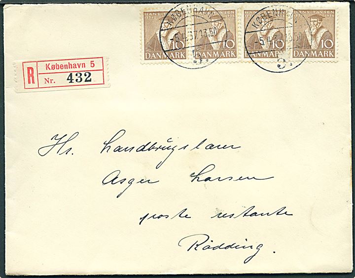 10 øre Tavsen (4) på anbefalet brev fra København d. 5.4.1937 til poste restante i Rødding. Et mærke med skramme.