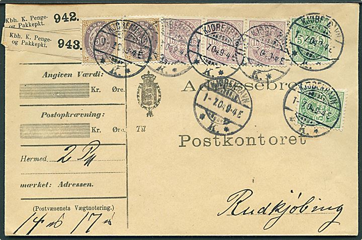 5 øre (2), 15 øre (3) Våben og 50 øre Tofarvet (par) på adressebrev for 2 pakker fra Kjøbenhavn d. 1.7.1904 til Rudkjøbing.