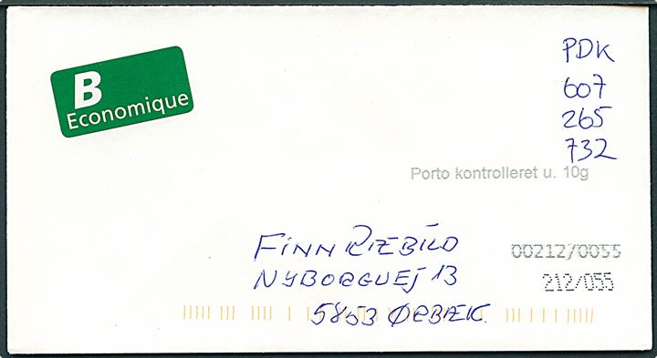 Ufrankeret B-brev med påskrevet mobilporto til Ørbæk. Flere sorteringsmarkeringer og stempel Porto kontrolleret u. 10g.
