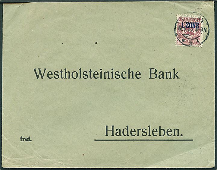 15 øre 1. Zone på brev annulleret Tondern *** d. 12.6.1920 til Haderslev.
