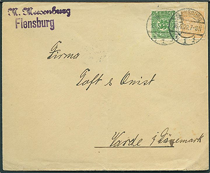5 pfg. og 25 pfg. på brev fra Flensburg d. 16.4.1920 til Varde, Danmark.