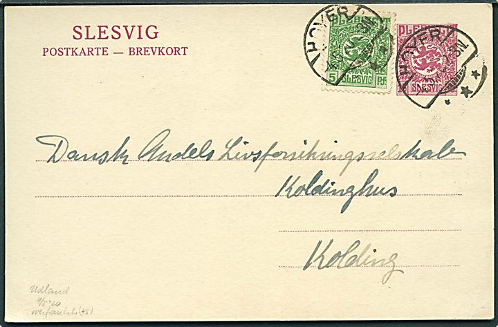15 pfg. Fælles udg. helsagsbrevkort opfrankeret med 5 pfg. Fælles udg. stemplet Hoyer *** d. 4-5-1920 til Kolding, Danmark.
