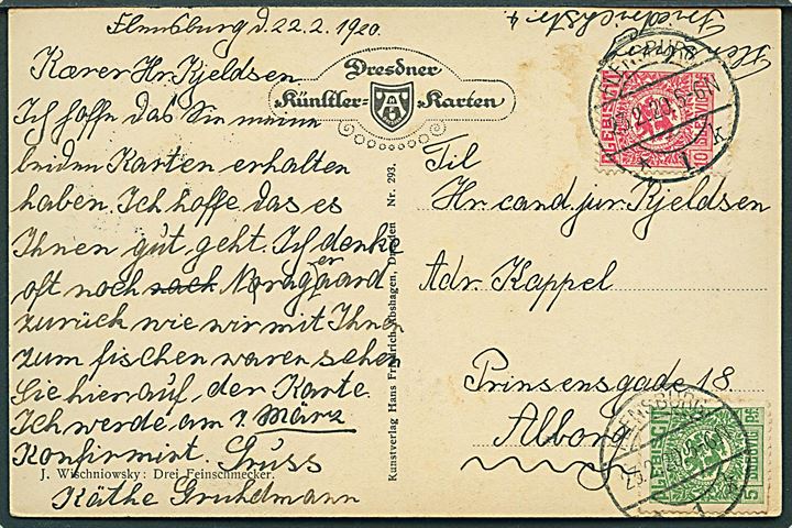 5 pfg. og 10 pfg. Fælles udg. på brevkort fra Flensburg *1k d. 23.2.1920 til Aalborg, Danmark.