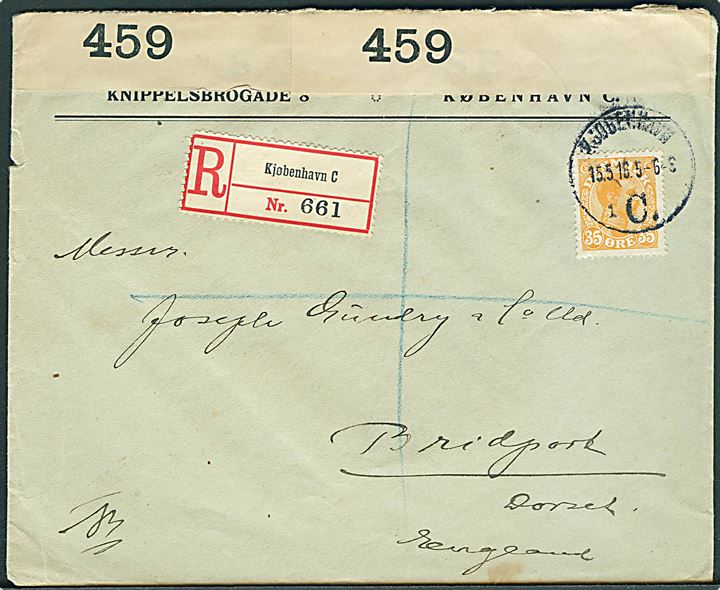 35 øre Chr. X single på anbefalet brev fra Kjøbenhavn d. 15.5.1916 via London til Bridport, England. Åbnet af britisk censur no. 459.