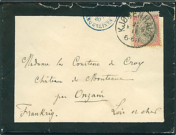 20 øre Tofarvet 5. tryk pos. 7 omv. ramme single på sørgekuvert annulleret med lapidar Kjøbenhavn d. 21.11.1880 til Chateau de Monteaux, Onzain, Frankrig.