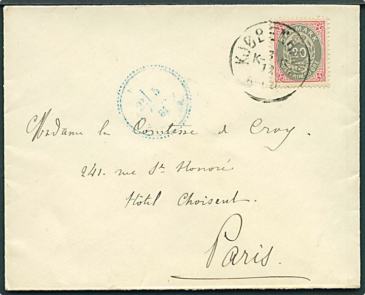 20 øre Tofarvet 6. tryk pos. B29 single på brev annulleret med lapidar Kjøbenhavn d. 3.12.1881 til Paris, Frankrig.
