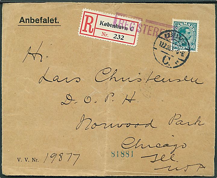60 øre Chr. X single på BREVFORSIDE af anbefalet brev fra København d. 12.2.1926 til Chicago, USA.