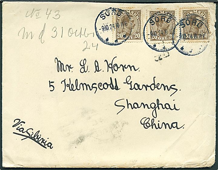 20 øre Chr. X (3) på brev fra Sorø d. 9.10.1924 til Shanghai, Kina. Påskrevet: via Sibirien 