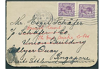 15 øre Chr. X (2) på privat korrespondancekort fra København d. 18.11.1926 til Singapore, Straits Settelments. Ank.stemplet Singapore d. 20,12,1926.