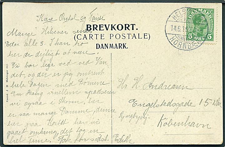 5 øre Chr. X på brevkort annulleret med bureaustempel Helsingør - Hornbæk T.8 d. 14.6.1915 til København.