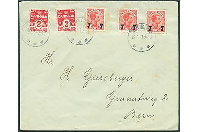 2 øre Bølgelinie (2) og 7/20 øre Provisorium (3) på brev fra Frederikshavn d. 16.6.1927 til Bern, Schweiz.
