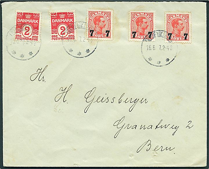2 øre Bølgelinie (2) og 7/20 øre Provisorium (3) på brev fra Frederikshavn d. 16.6.1927 til Bern, Schweiz.