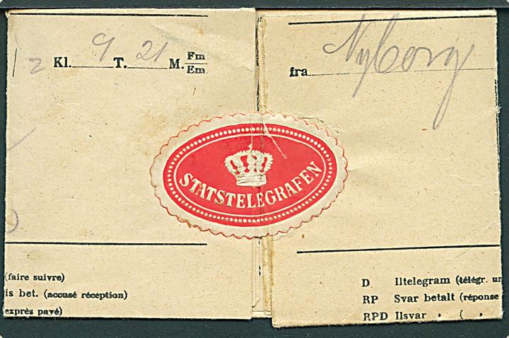 5 øre Chr. X annulleret med brotype IIIb Humble d. 5.2.1915 på omadresseret telegram fra Nyborg til Østerskov Skole pr. Humble - eftersendt pr. Tryggelev.