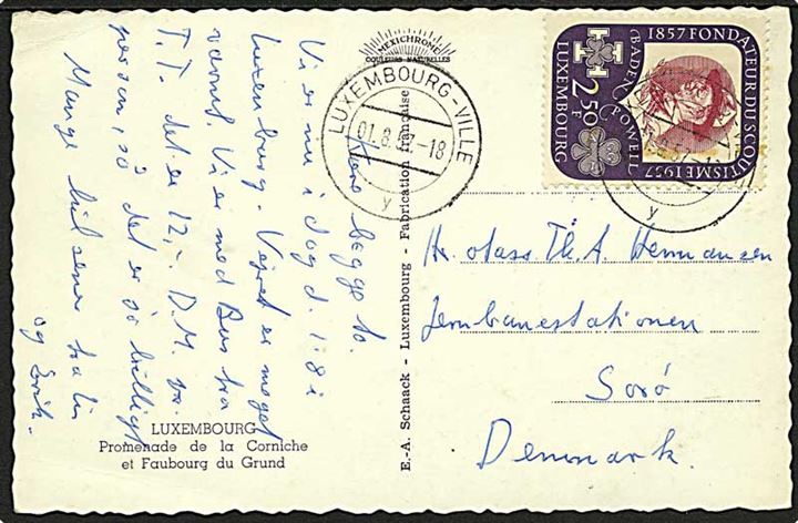 2,50 fr. Baden Powell spejder mærke på brevkort stemplet Luxembourg-Ville d. 1.8.1957 til Sorø, Danmark.