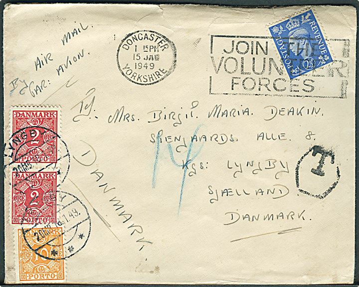 2½d George VI på underfrankeret luftpostbrev fra Doncaster d. 15.1.1949 til Lyngby, Danmark. Udtakseret i porto med 2 øre (par) og 10 øre Postomærke stemplet Lyngby d. 18.1.1949.
