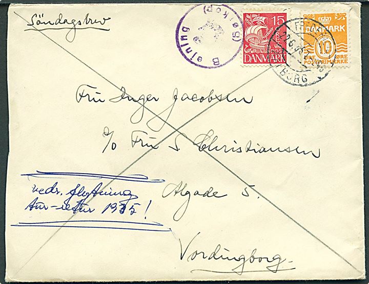 10 øre Bølgelinie og 15 øre Karavel på søndagsbrev annulleret med bureaustempel Fredericia - Aalborg T.946 d. 22.6.1935 og sidestemplet med posthornstempel Brejning (Børkop) til Vordingborg.