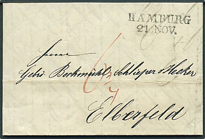 1835. Portobrev med fuldt indhold stemplet Hamburg 21.11.1835 til Elberfeld. 