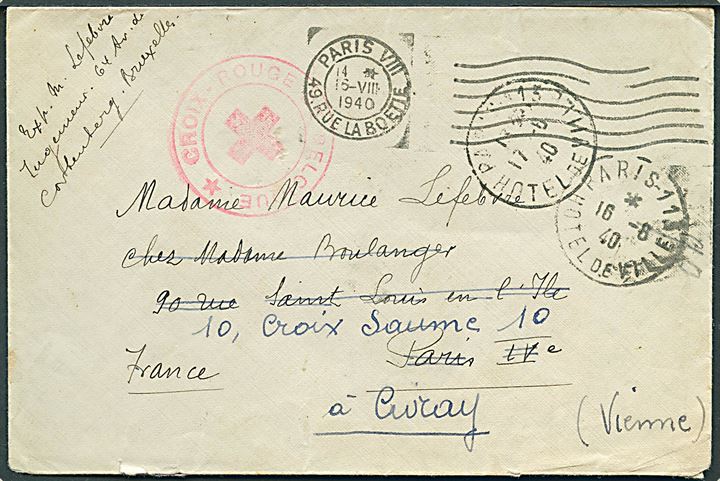 Ufrankeret røde kors brev stemplet Croix-Rouge de Belgique fra Bruxelles til Paris, Frankrig - eftersendt.