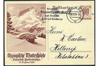 15+10 pfg. ill. helsagsbrevkort Olympische Winterspiele fra Berlin d. 28.12.1935 til Hellerup, Danmark.