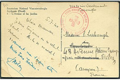 Ufrankeret brevkort dateret d. 5.7.1940 med 2-sproget røde kors stempel Croix-Rouge de Belgique til Frankrig - eftersendt.
