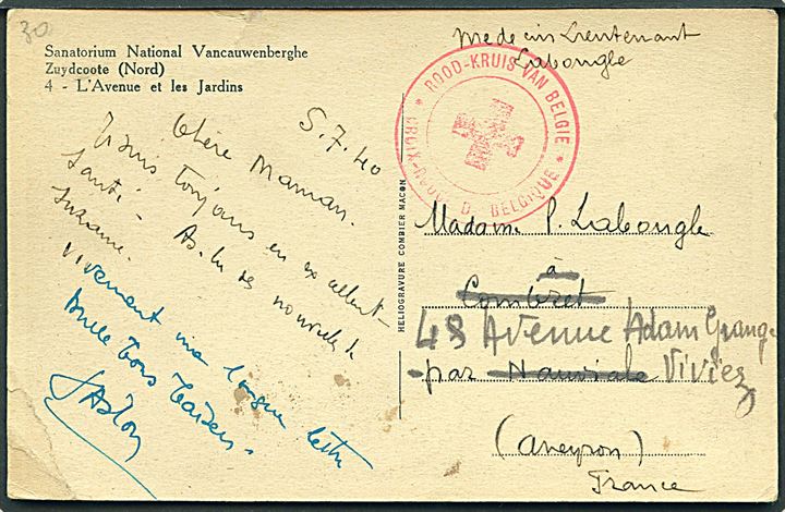 Ufrankeret brevkort dateret d. 5.7.1940 med 2-sproget røde kors stempel Croix-Rouge de Belgique til Frankrig - eftersendt.