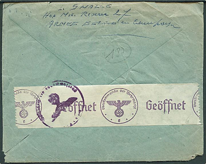 Ufrankeret feltpostbrev mærket S.M. fra ....ione i Frankrig d. 17.6.1940 til Bruges, Belgien. Fra hôpital militaire de réserve 27. Åbnet af tysk censur i Frankfurt.