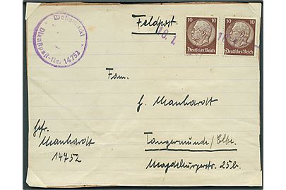 10 pfg. Hindenburg (2) på adresseseddel fra feltpostpakke annulleret med datostempel 16.1. ca. 1941-42 til Tangermünde. Fra soldat ved feldpost no. 14752 = 6. Batterie Artillerie-Regiment 61.
