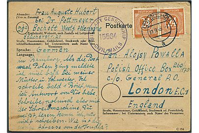 24 pfg. Ciffer (2) på brevkort fra Bocholt d. 11.9.1946 til polsk exil soldat via P.O.Box 260/170 c/o GPO London. Allieret efterkrigscensur. Et mærke med skade. På bagsiden feltpoststempel fra de polske styrker i England.