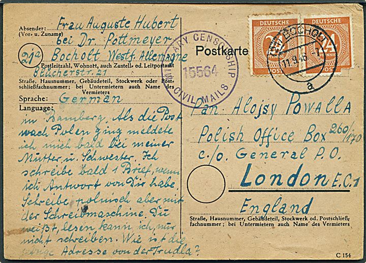 24 pfg. Ciffer (2) på brevkort fra Bocholt d. 11.9.1946 til polsk exil soldat via P.O.Box 260/170 c/o GPO London. Allieret efterkrigscensur. Et mærke med skade. På bagsiden feltpoststempel fra de polske styrker i England.