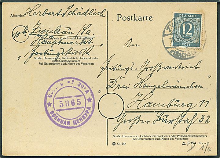 12 pfg. Ciffer på brevkort fra Zwickau d. 15.5.1947 til Hamburg. Russisk censur no. 5365.