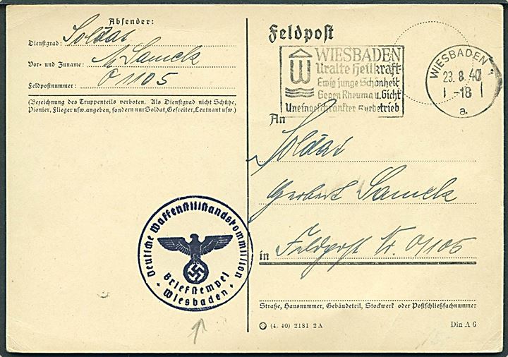 Ufrankeret feltpostkort fra Wiesbaden d. 23.8.1940 til soldat ved feldpost nr. 01105 = 1. Kompanie Landesschützen-Bataillon 651. Briefstempel: Deutsche Waffenstillstandskommission * Wiesbaden *. 