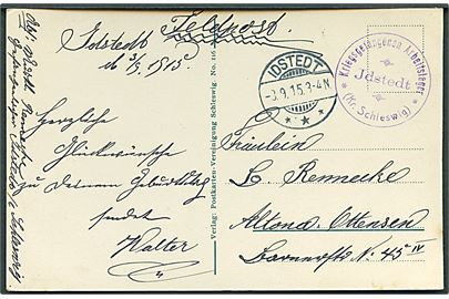 Ufrankeret feltpostkort stemplet Idstedt d. 3.9.1915 med sidestempel Kriegsgefangenen Arbeitslager Idstedt * (Kr. Schleswig)* til Altona. Sendt fra vagtmandskab.