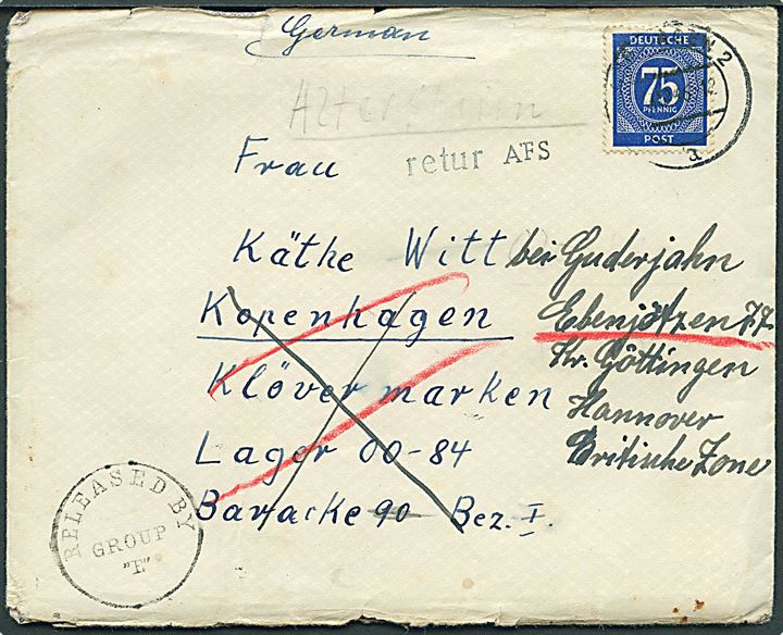 75 pfg. Ciffer på brev med indhold fra Göppingen d. 26.12.1946 til flygtning i Lager 00-84 Kløvermarken, København - retur med stempel Retur AFS. Allieret efterkrigscensur. Bagklap mangler. 