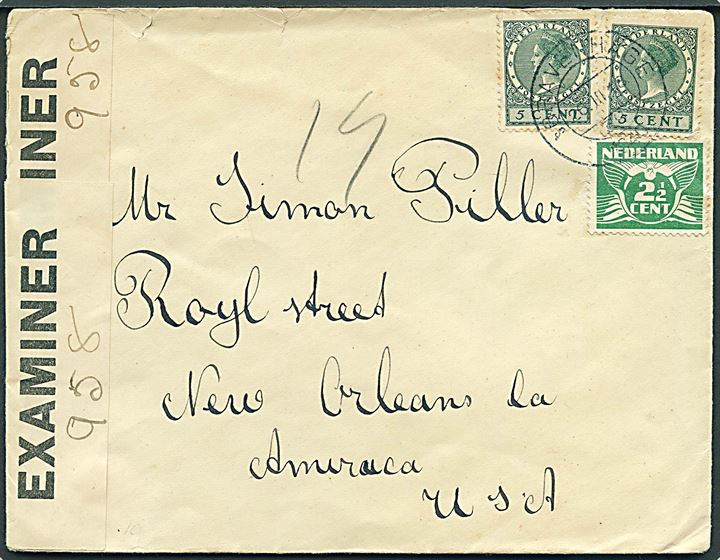 2½ c. Due og 5 c. Wilhelmina (2) på brev fra s/Gravenhage d. 26.3.1940 til New Orleans, USA. Åbnet af tidlig britisk censur med INTERIM banderole Opened by Examiner og håndskrevet censor-nr. 958.