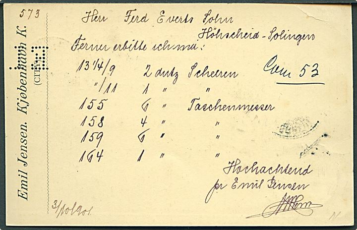 10 øre Våben helsagsbrevkort med perfin E.I. fra firma Emil Jensen i Kjøbenhavn d. 3.10.1901 til Höhscheid, Solingen, Tyskland.