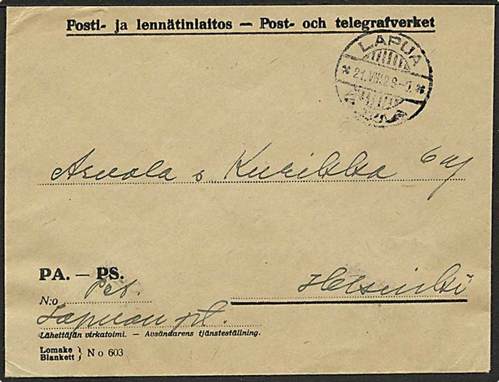 Ufrankeret fortrykt postsags-kuvert fra Lapua d. 21.8.1929 til Helsinki. 