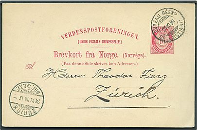 10 øre helsagsbrevkort stemplet Bureau reexp. de Kristiania d. 21.11.1898 til Zürich, Schweiz.