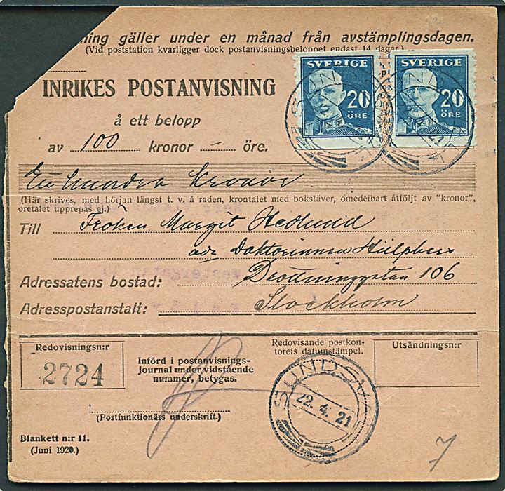 20 öre Gustaf (2) på Postanvisning fra Sundsvall d. 22.4.1921 til Stockholm.