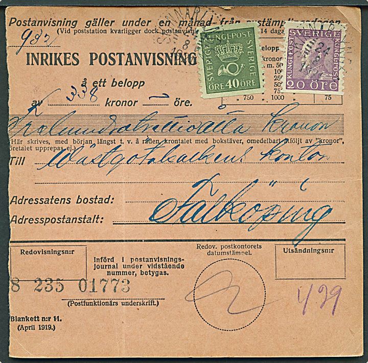 20 öre Gustaf og 40 öre Posthorn på postanvisning fra Skinnarlyngen d. 24.8.1921 til Falköping.