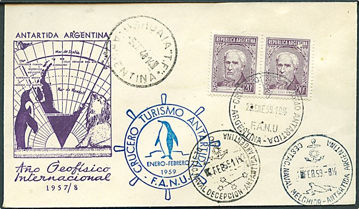 20 c. i parstykke på illustreret uadresseret kuvert annulleret Crucero Turismo Antartida F.A.N.U. d. 23.1.1959 med stempler fra Deception og Melchior.