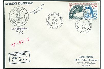 TAAF. 2 fr. på brev fra C.G.M. Marion Dufresne stemplet Port aux Francais Kerguelen d. 15.3.1985 til Marseille, Frankrig.