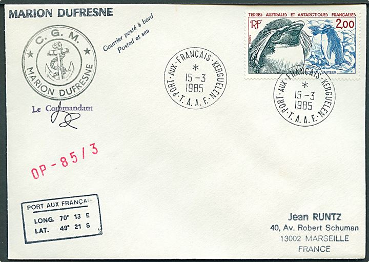 TAAF. 2 fr. på brev fra C.G.M. Marion Dufresne stemplet Port aux Francais Kerguelen d. 15.3.1985 til Marseille, Frankrig.